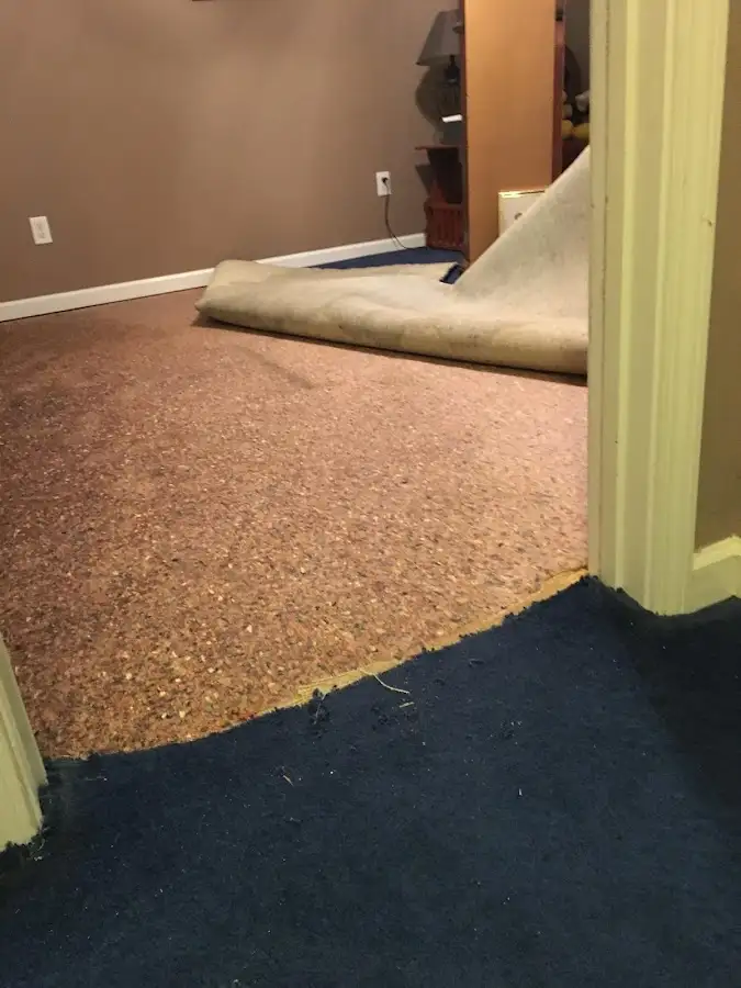 Carpet pad removal revealing water damage during Drying & Dehumidification in Five Forks
